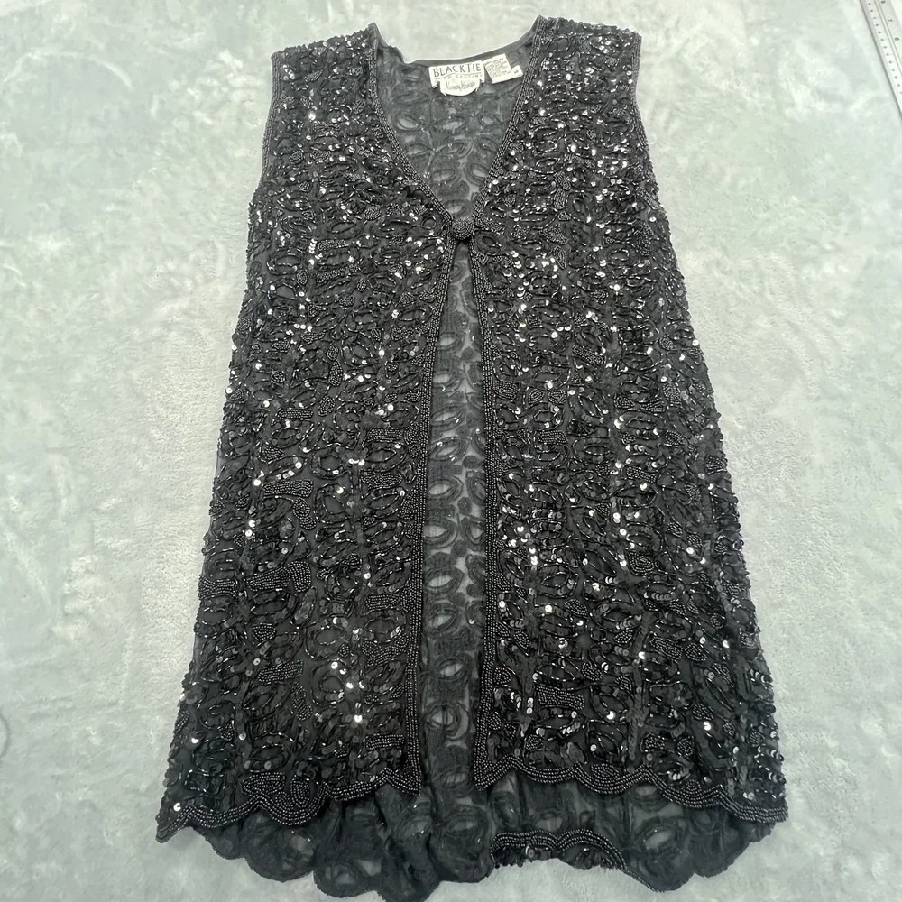 Vintage Oleg Cassini Beaded Sequined Silk Open Front Vest S Black NYE Event 90s